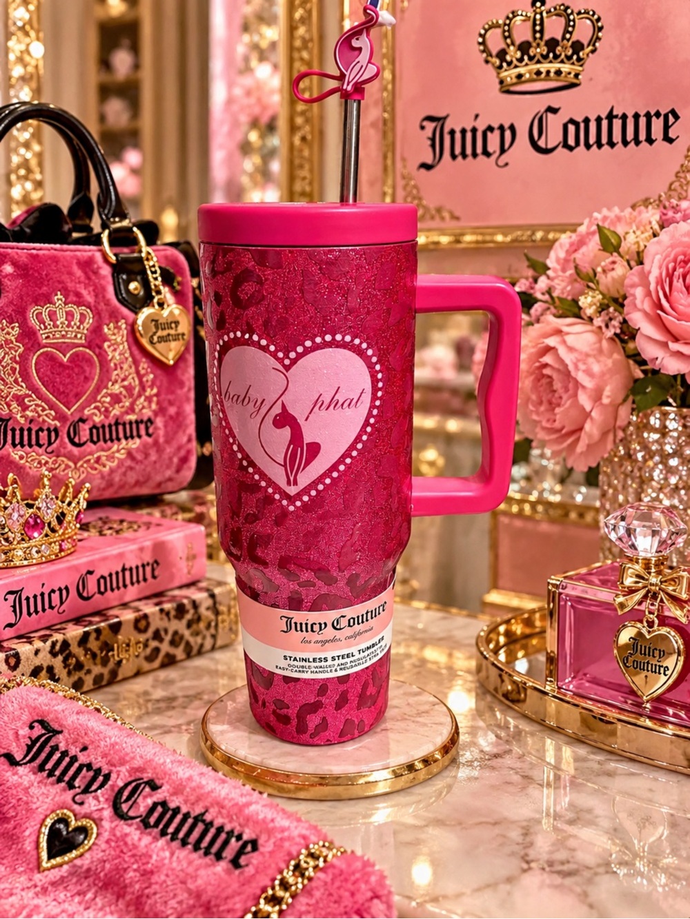Juicy Couture Hot Pink Glitter Heart Travel Mug